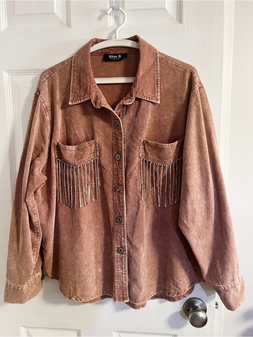 Women’s Pink Corduroy Shacket with  Rhinestone Fringe Pocket Detail L